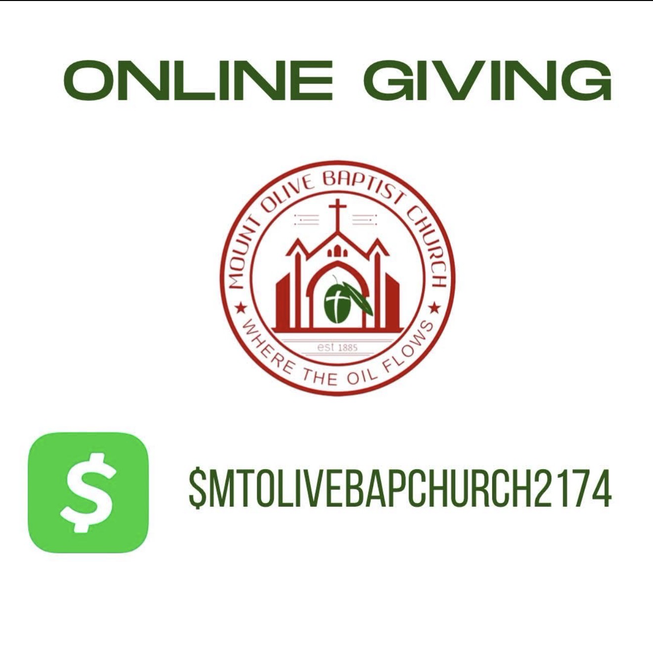 Mount Olive Baptist Church Cash App giving artwork showing $MTOLIVEBAPCHURCH2174