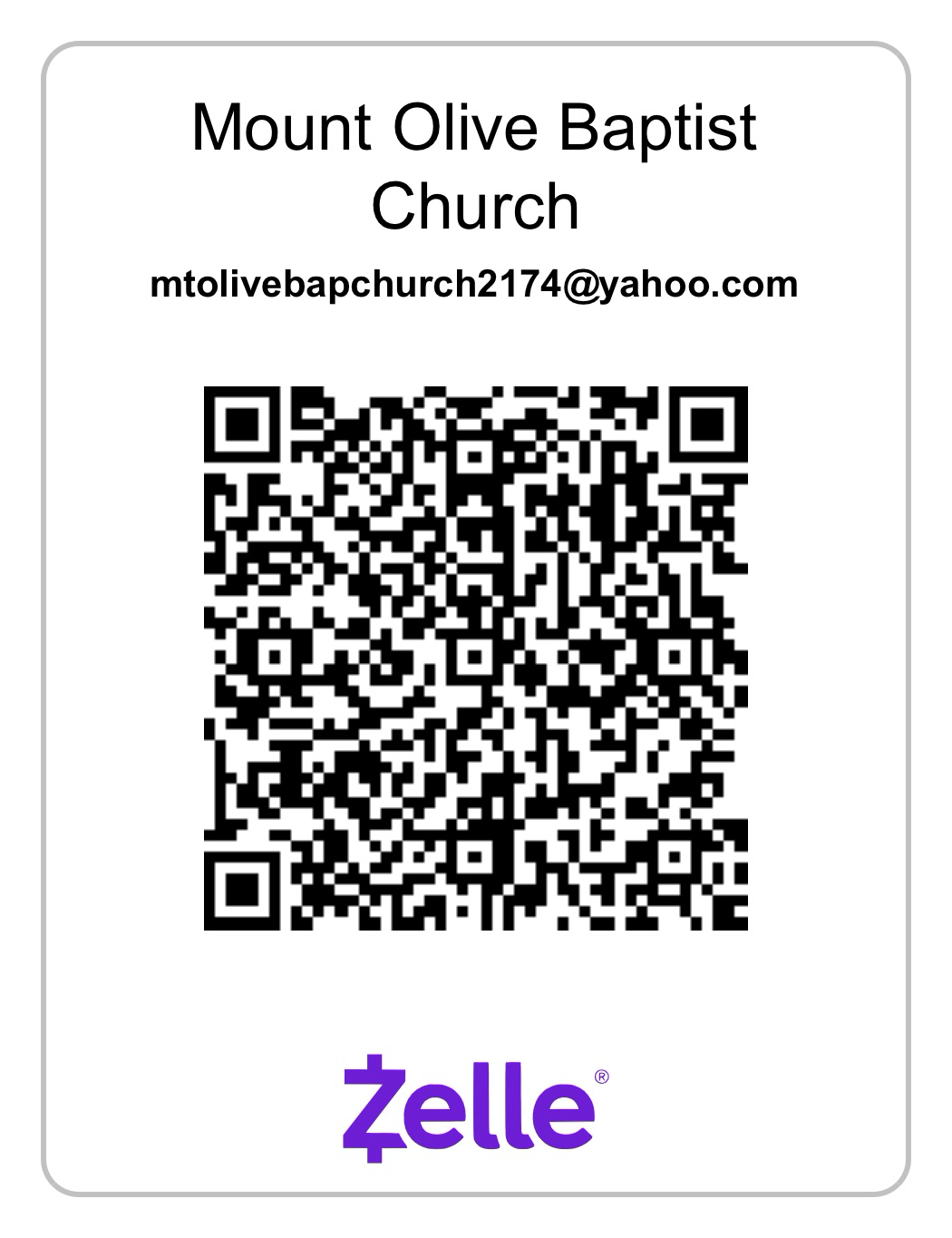 Mount Olive Baptist Church Zelle QR code for mtolivebapchurch2174@yahoo.com